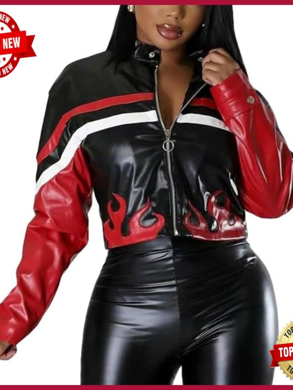 Faux Leather Cropped Bomber Jacket with Flame Embroidery S-XXL